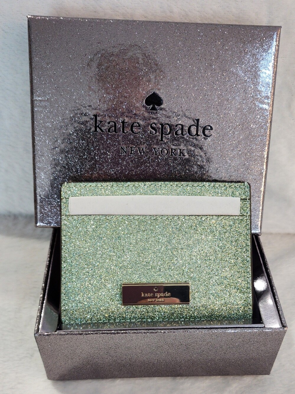 Kate Spade Kenzie Glitter Mixed Materials Card Holder Wallet Seawater Green NWT